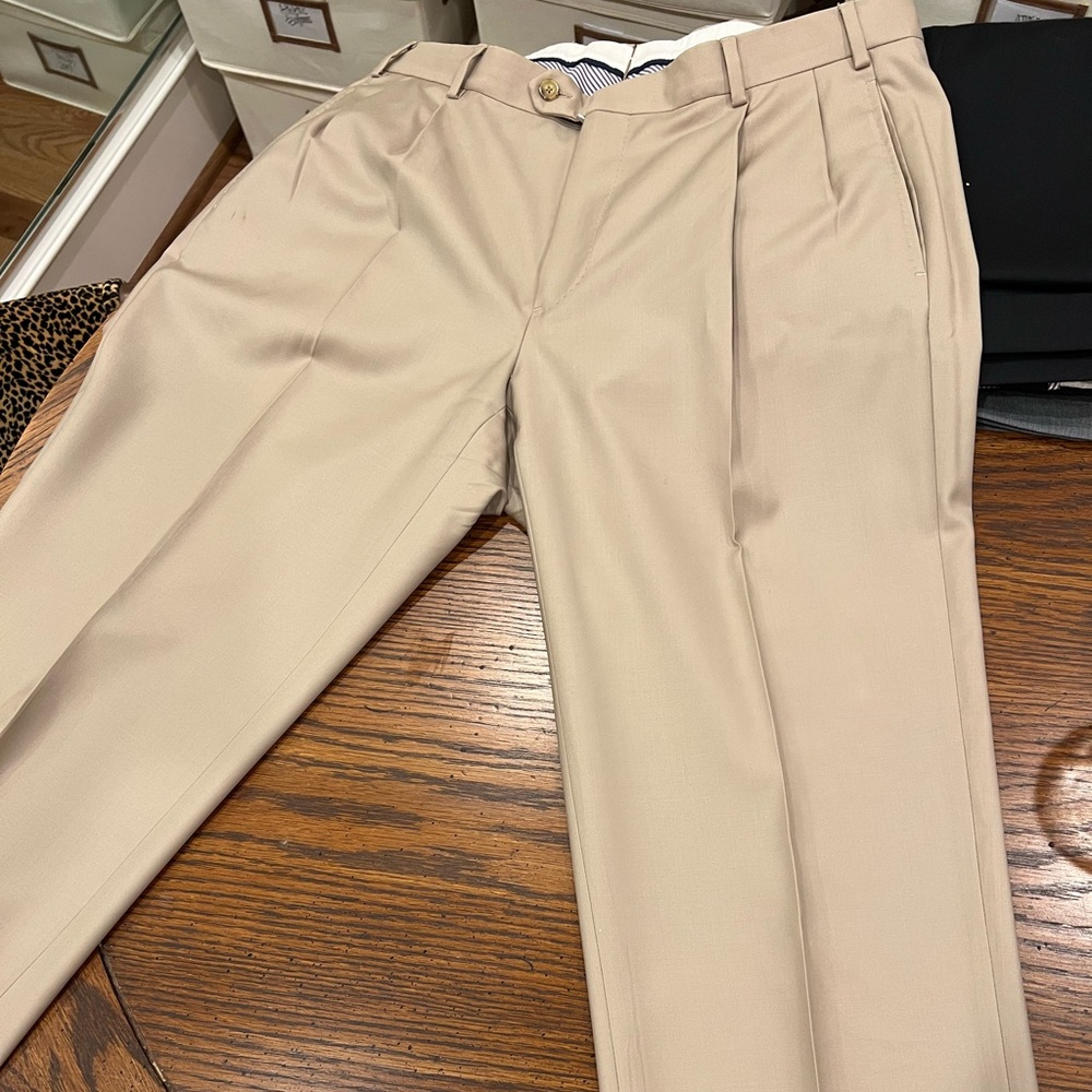J Hilburn custom men’s tan dress pants. 36” waist approx
